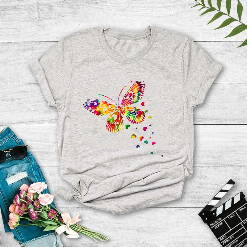 

Plus Size Summer T-Shirt butterfly Print TShirt 100%Cotton T Shirt Women O Neck Short Sleeve Top Tee Womens Clothing