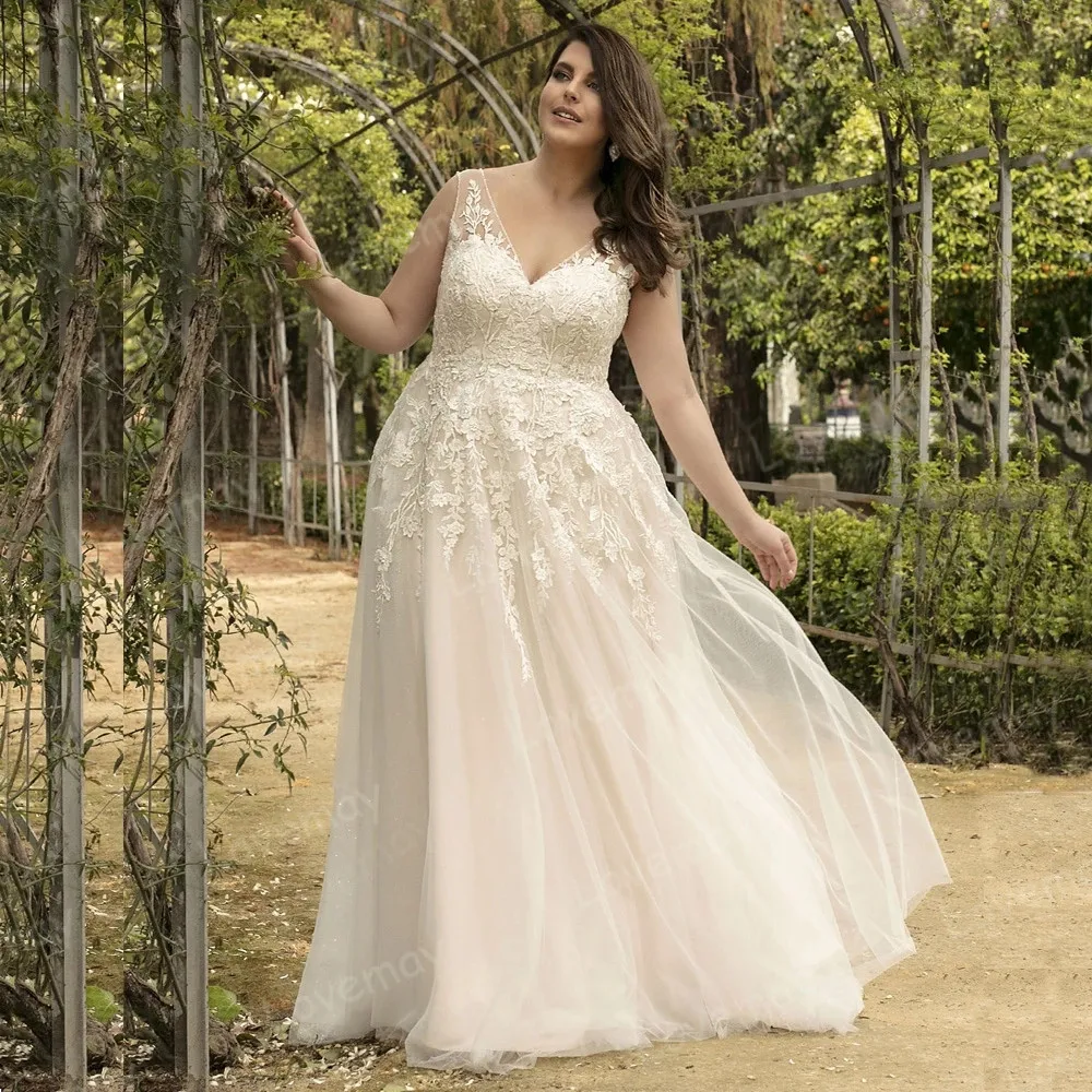 

2021 Plus Size Lace Beach Wedding Dress 2021 Sexy Sleeveless V Neck Tulle Vestidos De Novia Lace Appliques A Line Bridal Gown