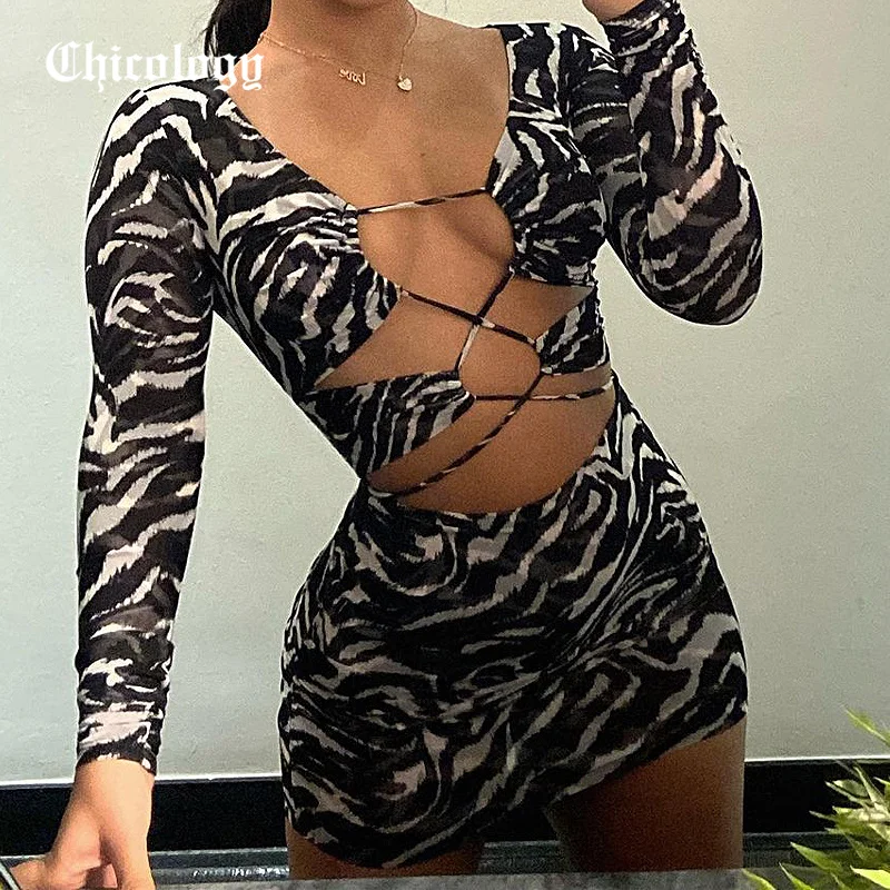 

Chicology 2021 Autumn Winter Zebra Print Women Lace Up Long Sleeve Mini V Neck Hollow Out Cross Bodycon Halter Party Club Dress