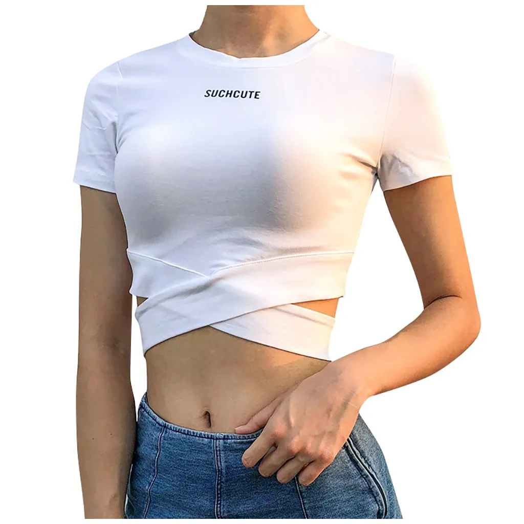 Сексуальная облегающая женская футболка для отдыха с поперечными надписями