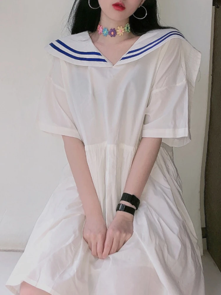 

Summer 2021 Big Yards Casual Dresses Sweet College navy Wind Brought the Doll Loose Dress A-LINE Women Preppy Style Knee-Length