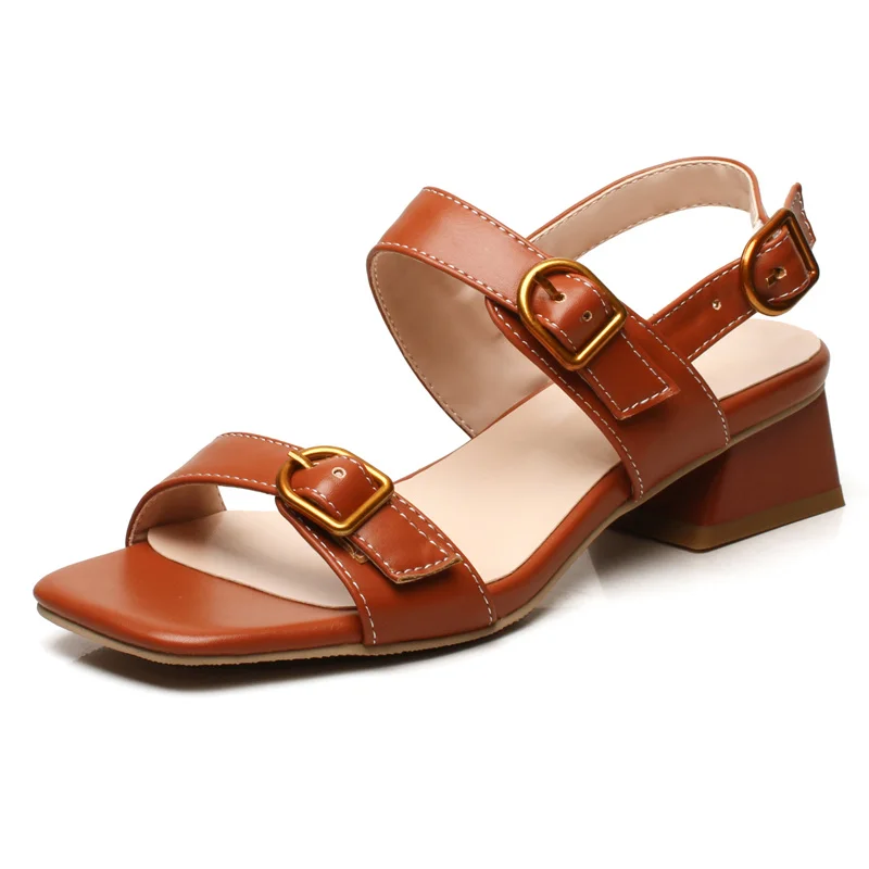 

Summer Women's Sandals Microfiber Upper Square Heel Square Toe Buckle Metal Decoration Casual Work Soft Comfortable Shoes 43