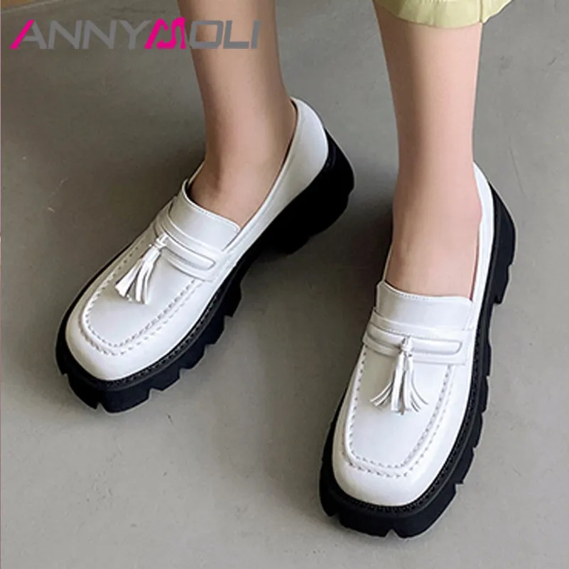 

ANNYMOLI High Heel Shoes Women Fringe Genuine Leather Platform Block Heels Pumps Slip On Square Toe Leisure Footwear White 33-40