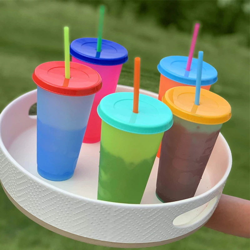 

5pcs/lot Color Changing Cups Drink with Straw Set, 16oz 24oz Cold Water Cups, Summer Iced Coffee Party Cup for Adults, Plastic