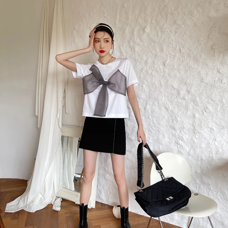 

Design Bow Tie O Neck Summer T-shirt Short Sleeve Solid Simple Casual Tops Sweet Fashion All Match Loose Soft Woman Tshirts