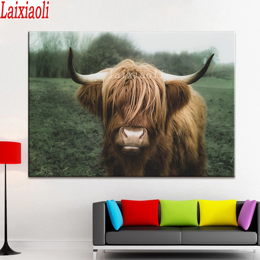 

Highland Cow Wall Art Abstract diamond Painting Minimalism Shaggy Yak Cow embroidery Animal Bull Poster Living Room decoration