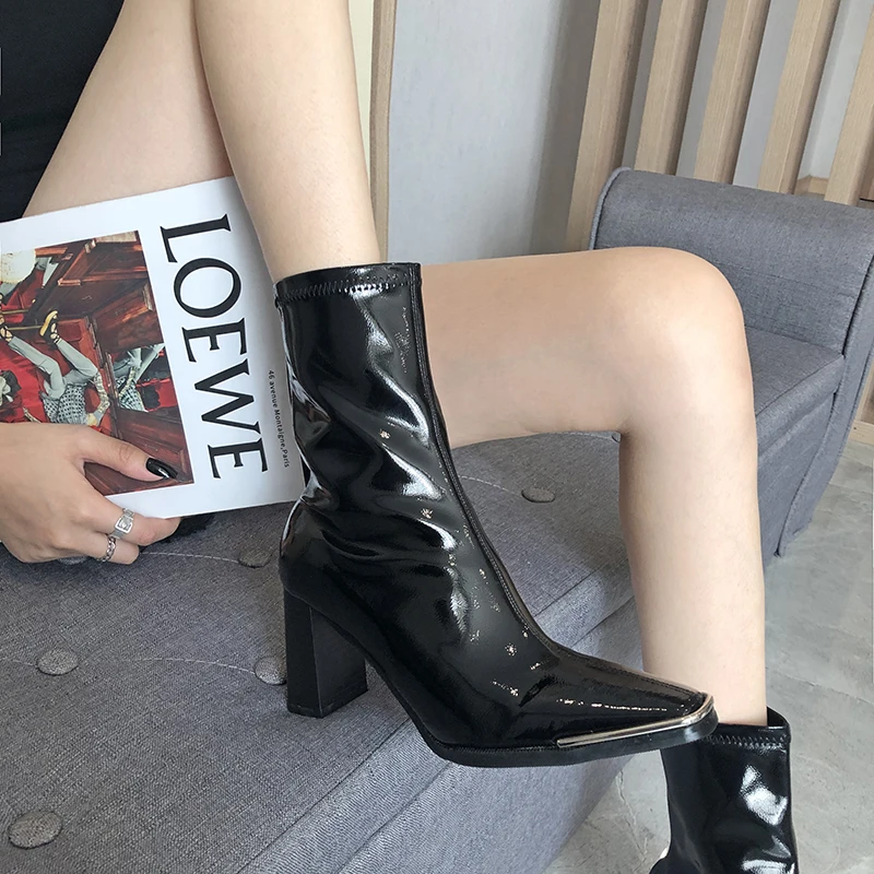 

SANDRA JRR 2021 Autumn New Fashion Patent Leather Motorcycle Boot Women High Heel Square Toe Leather Booties Knee Shoes