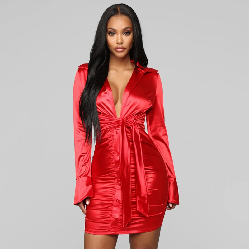Женское атласное мини-платье-рубашка с рюшами Бандажное облегающее