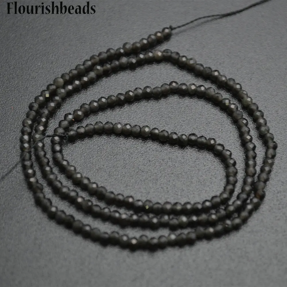 

2mm ~ 2.5mm Diamond Cutting Faceted Natural Black Obsidian Stone Round Loose Beads