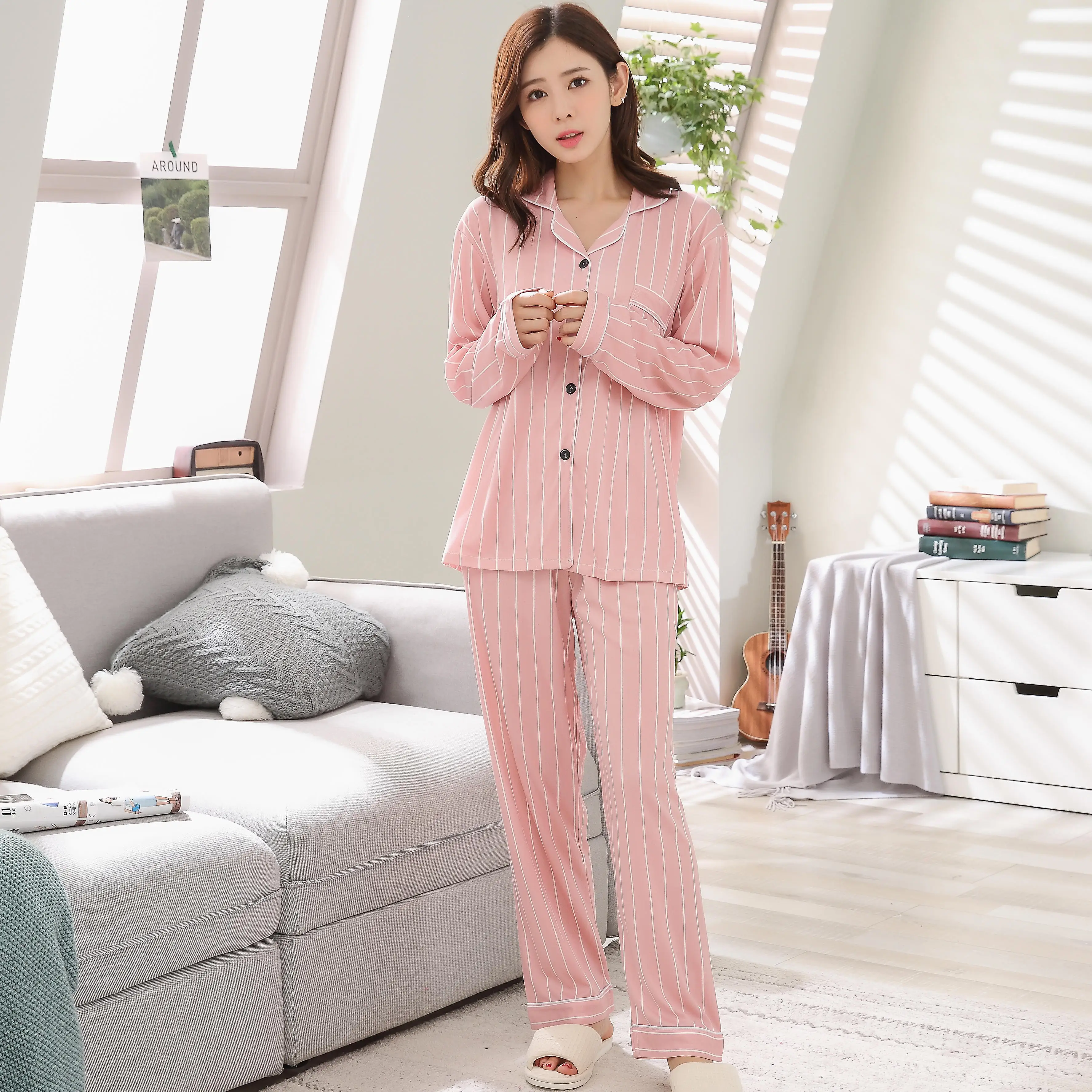 

Women Nightshirt Sets WAVMIT Women Cotton Pajama Set Solid Color Stripes Pyjama Set Long Sleeve Sleepwear Women Top Long Pant