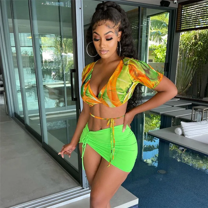 

Floral Print Sexy Two Piece Short Set Women Summer Mesh Short Sleeve Crop Top T Shirt Shorts Skirts Suits Beach Vacation Outfits