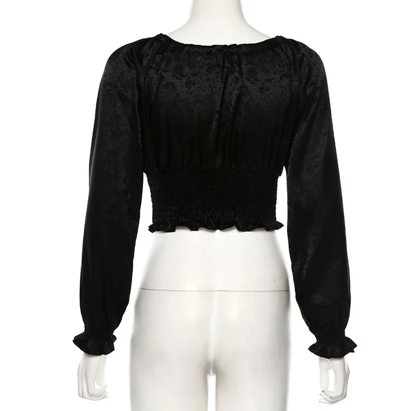 

2020 Autumn Fashion Women's Long Sleeve Square Neck Tie Folded Wooden Navel T-shirt