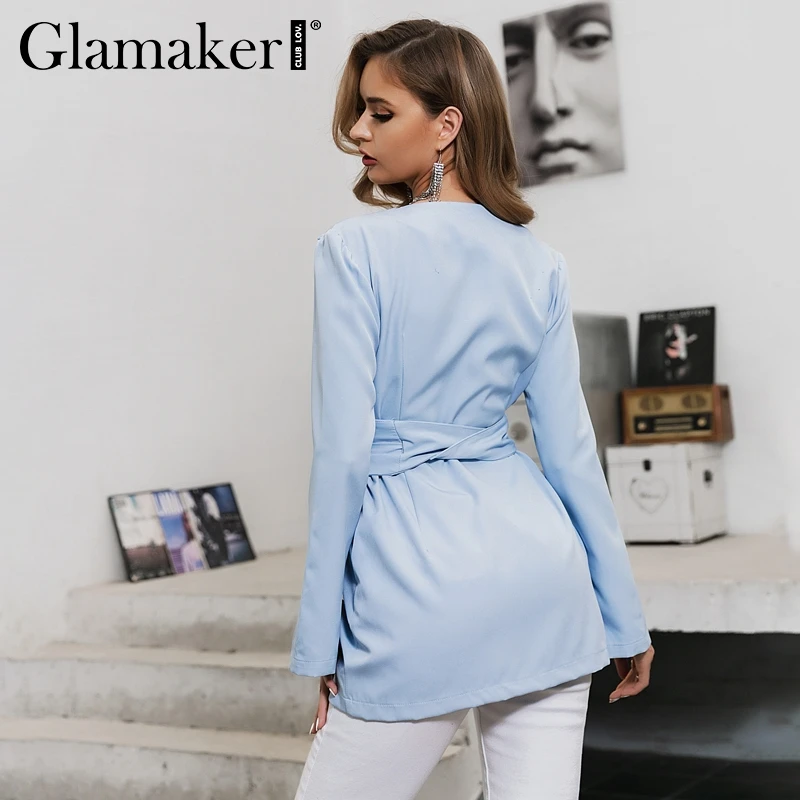 Glamaker, сексуальный, с разрезом, рукав, тонкий, длинный, Блейзер, куртка, для женщин, на шнуровке, пояс, синий, блейзер, платье для женщин, v-образный вырез, Элегантная куртка, Женское пальто