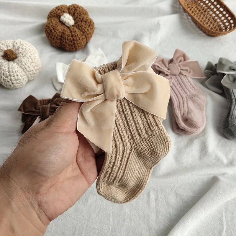 Calcetines tobilleros de algod&oacute;n con lazo grande para ni&ntilde;os, calcetines tobilleros chicas, para el suelo del beb&eacute;, gruesos, c&aacute;lidos, para Oto&ntilde;o e Invierno-3