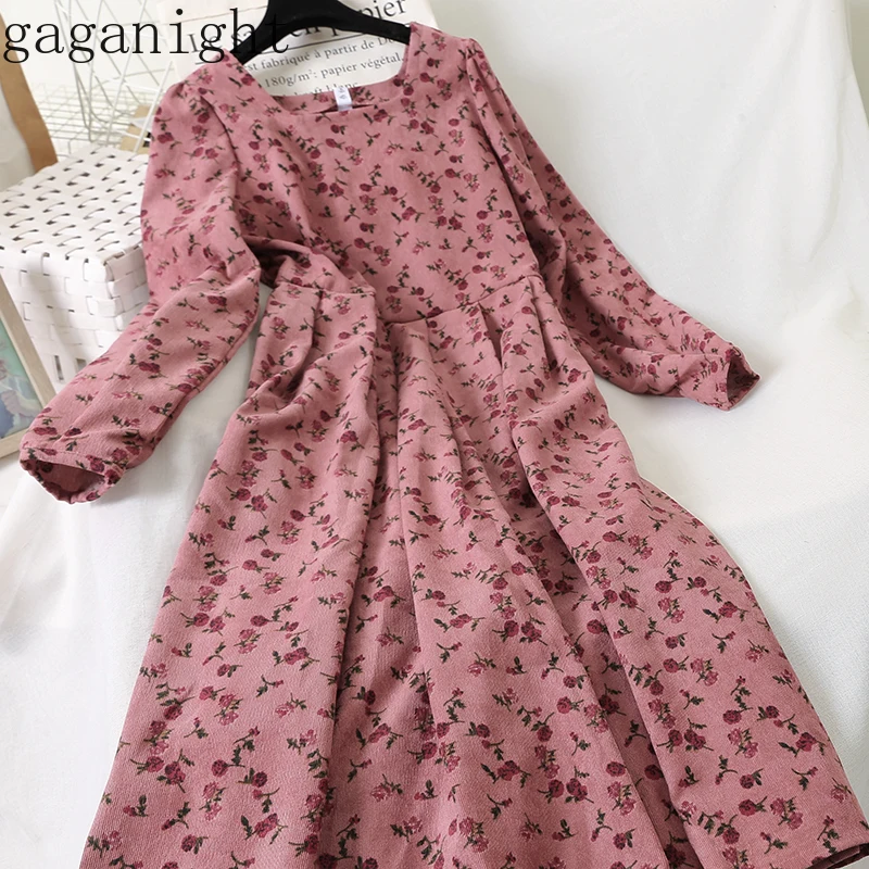 Gaganight вельветовое весенне осеннее цветочное женское длинное платье винтажное с