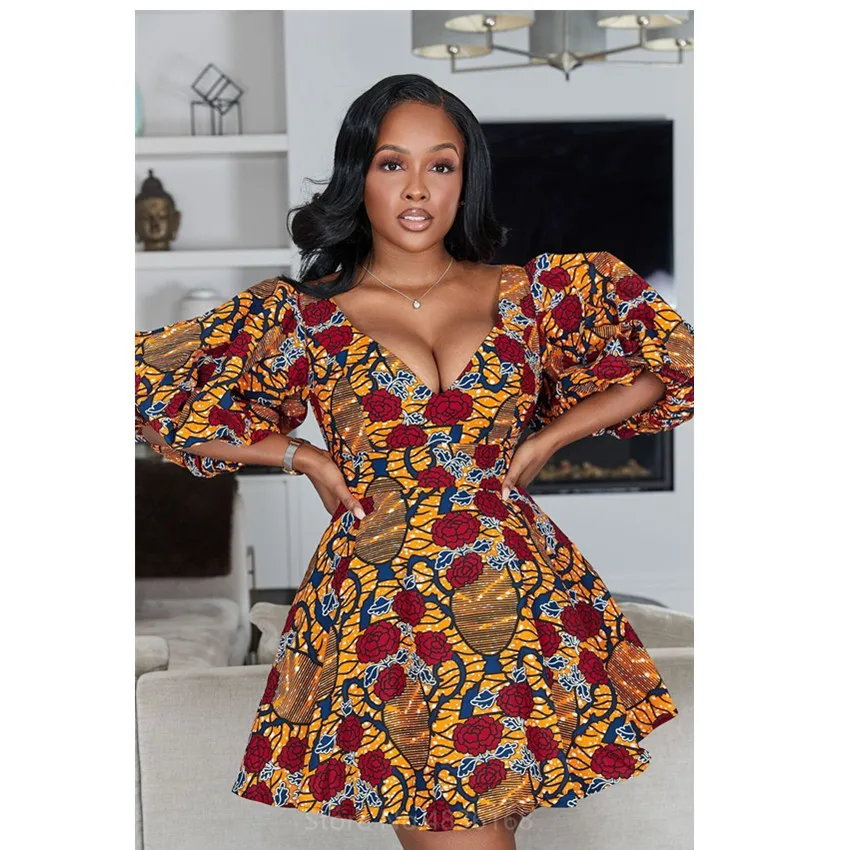 Lantern Sleeve African Clothes 2021 News Dashiki Print V-Neck Sexy Fashion Dress Plus Size Clothing Dresses for Women | Традиционная