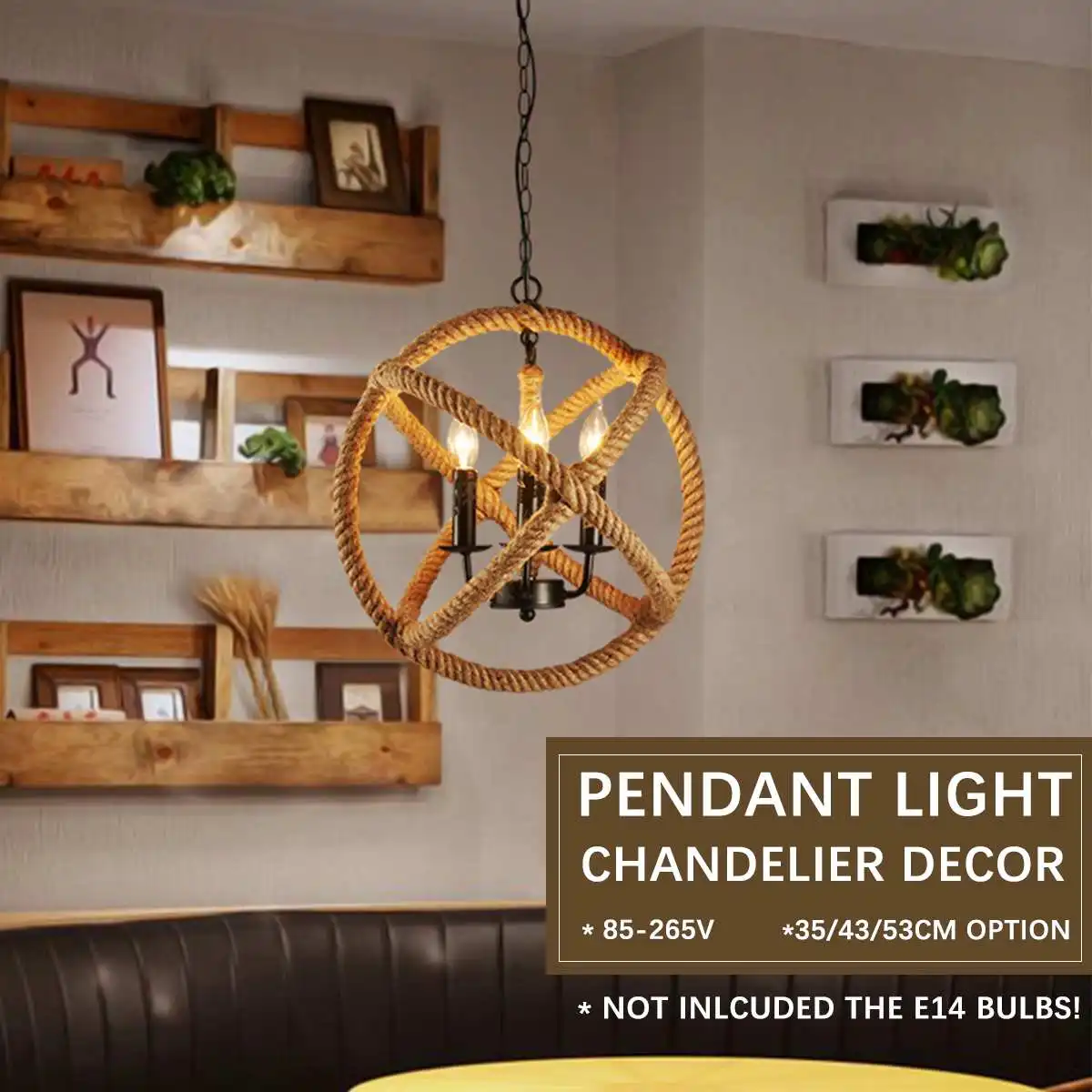 

Vintage Industrial Hemp Rope Ceiling Lamp Home Bar Restaurant Round Chandelier Decorative Night Light (Without Bulb)