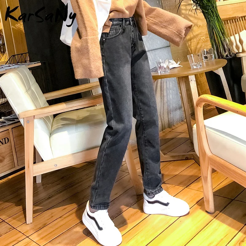 Джинсы для женщин в стиле бойфренд с высокой талией зимние теплые бархатные