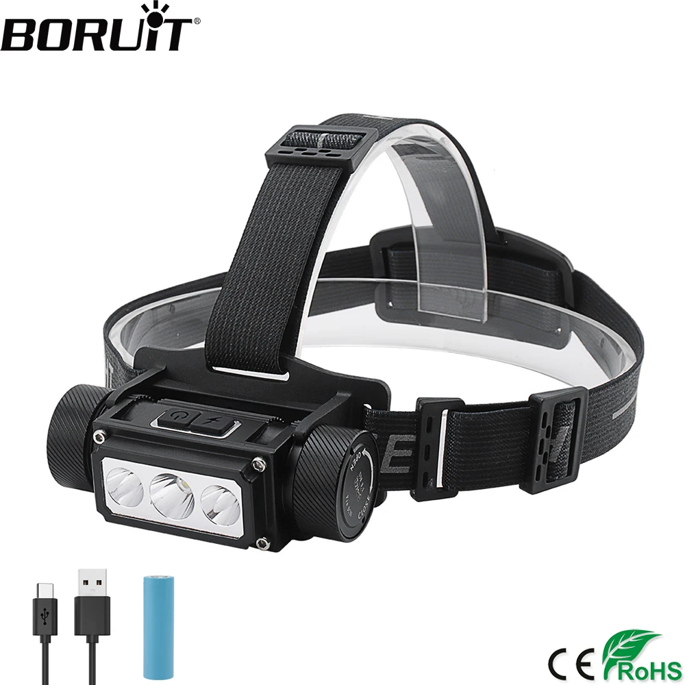 

BORUiT B39 XM-L2+2*XP-G2 LED Headlamp Max.5000LM Waterproof Powerful Headlight TYPE-C Rechargeable 21700 Head Torch for Camping