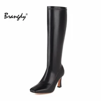 brangdy patent pu leather knee high boots for women comfortable thick heel ladies boots side zipper women winter boots black