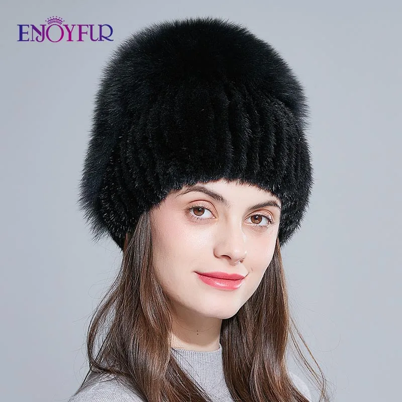 ENJOYFUR шапки из натурального меха норки для женщин шапки из натурального меха лисы высококачественные вязаные меховые шапки толстые теплые шапочки с розой и камнями - Цвет: 01