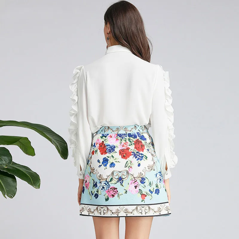 

SANIS Fashion Designer Suit Spring Autumn Women Ruffles Long sleeve Shirt Tops+Floral-Print Short skirt Elegant Two-piece set