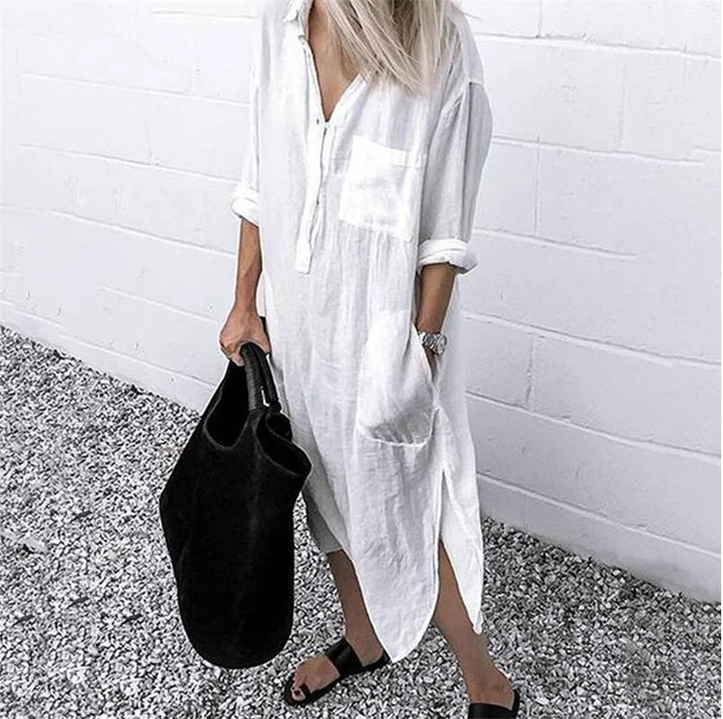 

Summer Shirt Dress Spring Vintage Long Sleeve Cotton Split Dresses Loose Oversize Elegant Large Large Office Ladies Tunic