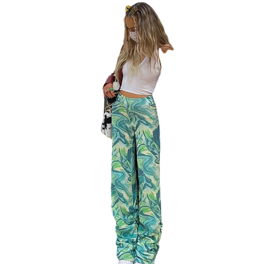 

New Fashion Ribbed Knitted Tie Dye Print Y2K Pants for Women High Waist Stacked Pants Streetwear Party Club Night Bottoms Green