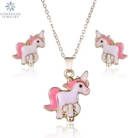 somesoor cartoon unicorn cute stub earring necklace set jewelry children pink pendant dangle chains for girls xmas jewelry gift