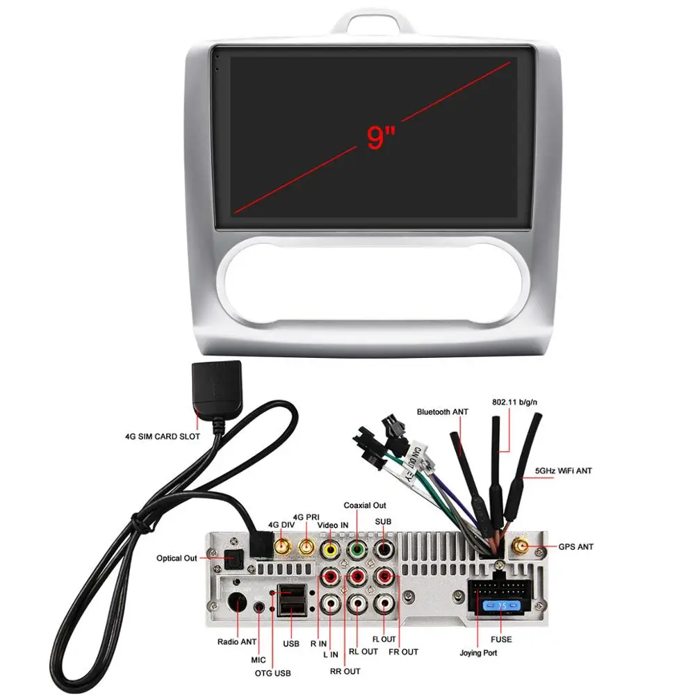 저렴한 차량용 라디오 스테레오 헤드 유닛 멀티미디어 플레이어 무선 카플레이, 9 인치 IPS 터치 스크린, 1 Din, 안드로이드 10, 포드 포커스 2005 2011 용