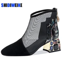 2021 new mesh sandals boots women mesh ankle boot for summer mid heel rhinestone ponited toe shoes hollow out back zip black