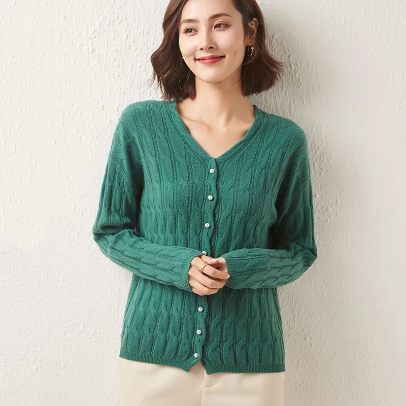 

Женский трикотажный кардиган с V-образным вырезом и длинным рукавом