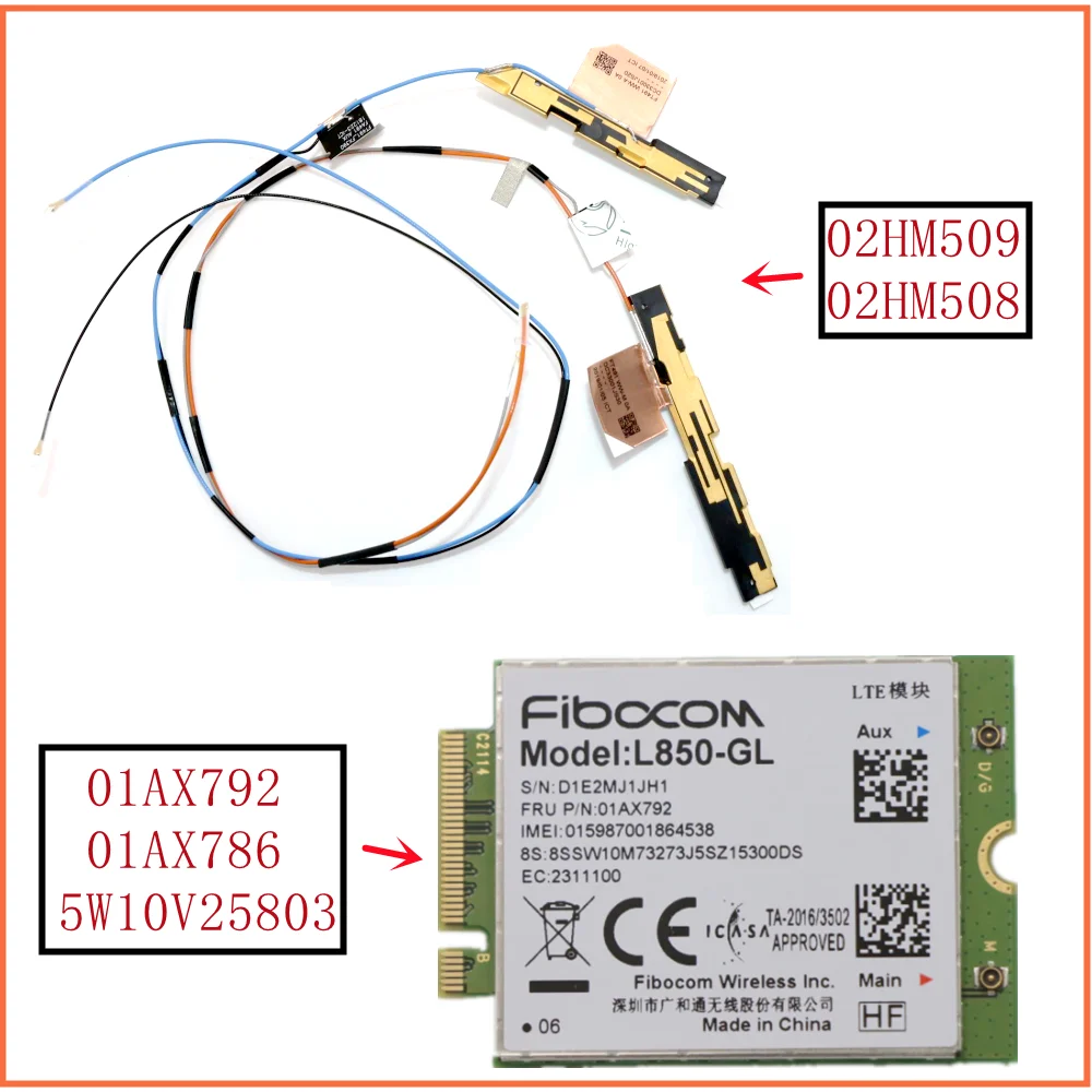 

Для Lenovo Thinkpad T490s T14s 02HM509 02HM508 Fibocom L850-GL 01AX792 5W10V25803 01AX786 4g WWAN WLAN карта Оригинальная антенна