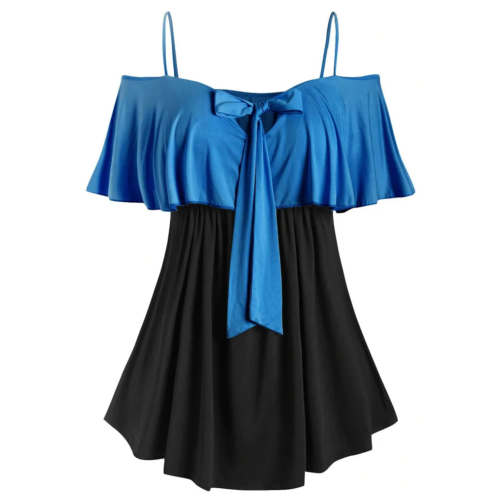 Plus Size Two Tone Bowknot Ruffled T Shirt Spaghetti Strap Tee Half Sleeve Women'S T-Shirts 2020 Long | Женская одежда