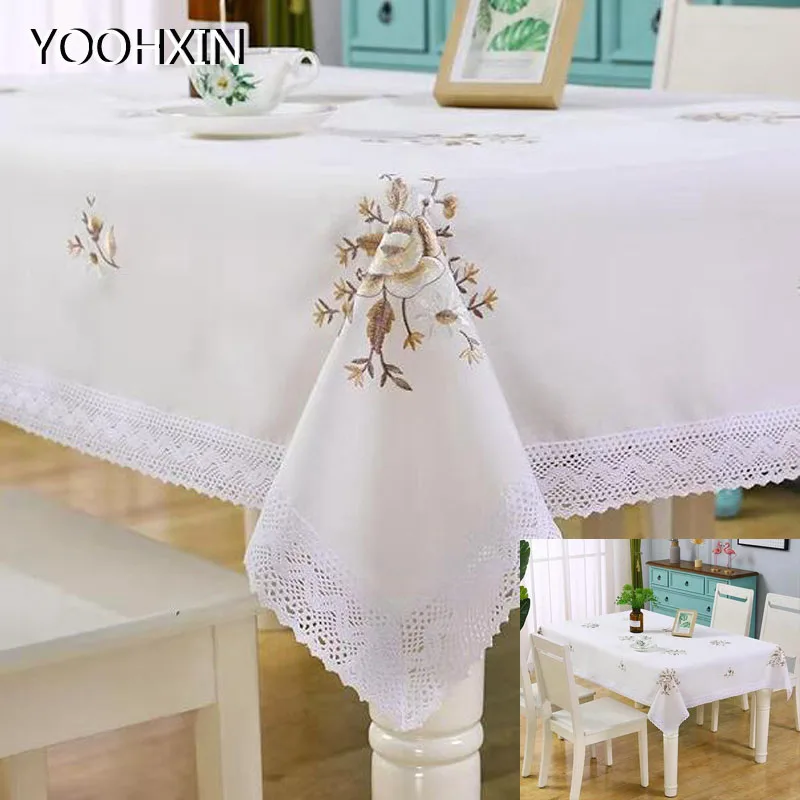 

Luxury white lace flower cotton Tablecloth embroidery kitchen Table Cover cloth dining New Year Christmas Wedding decoration