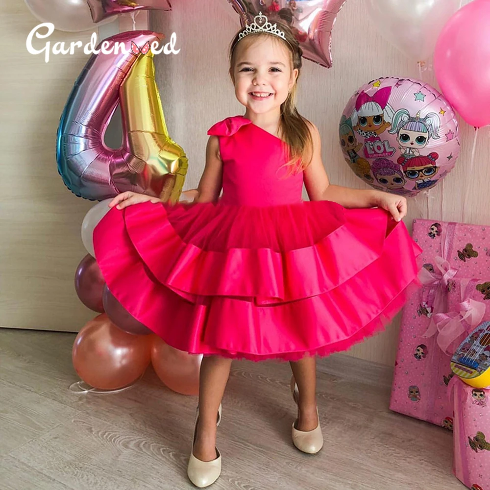 Пышные слоев розовые платья для девочек с цветочным узором атласным бантом