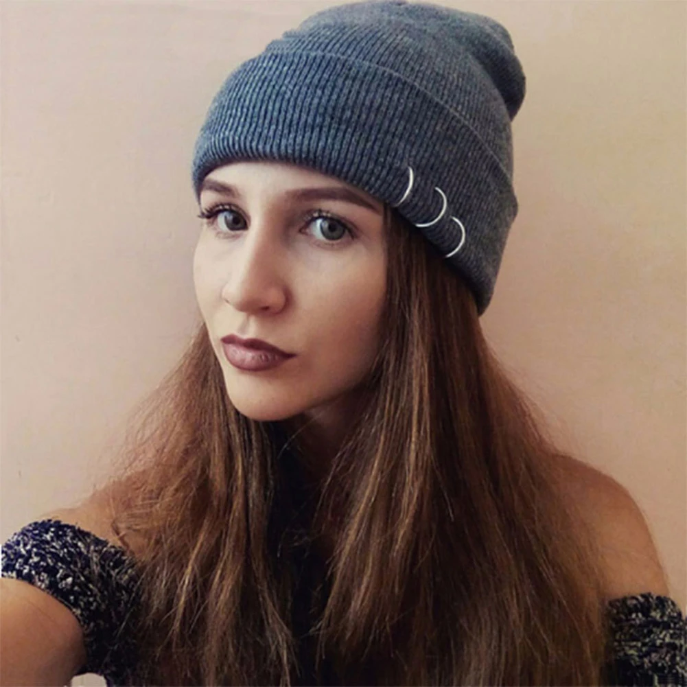 

Fashion Unisex knitted hat Metal Ring Knitted Beanie Hat Winter Warm Solid Color Skull Cap personality pullover hat street style