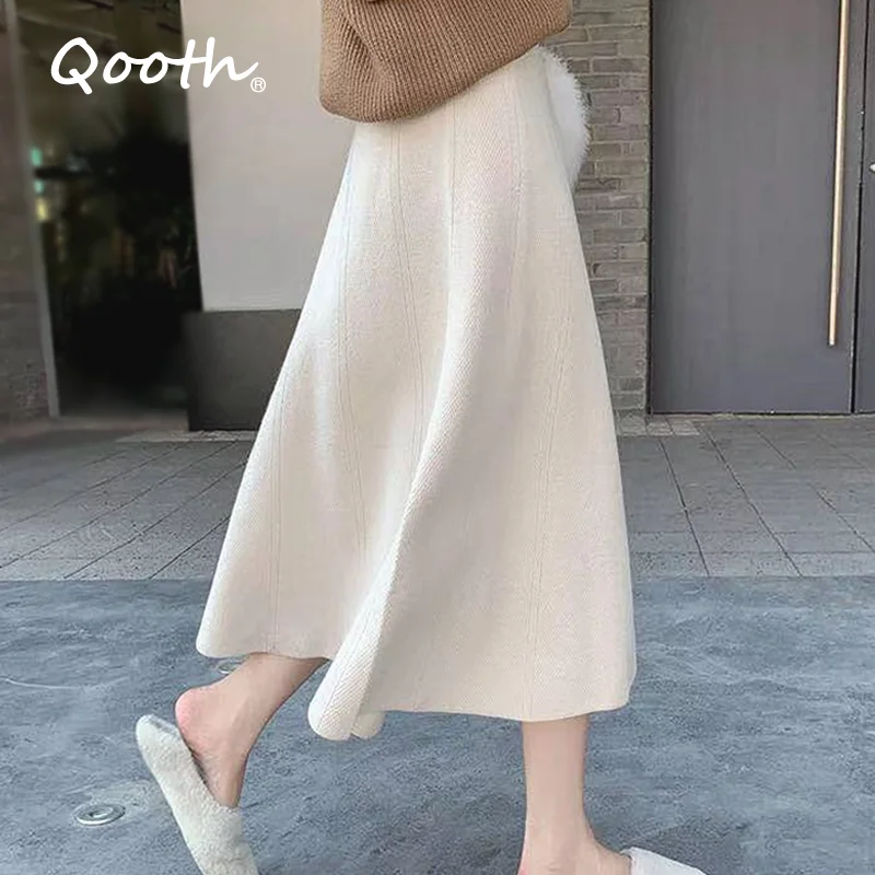 

Осенне-зимняя плотная вязаная юбка Qooth, женские свободные однотонные юбки с высокой талией, женские элегантные офисные облегающие трапецие...