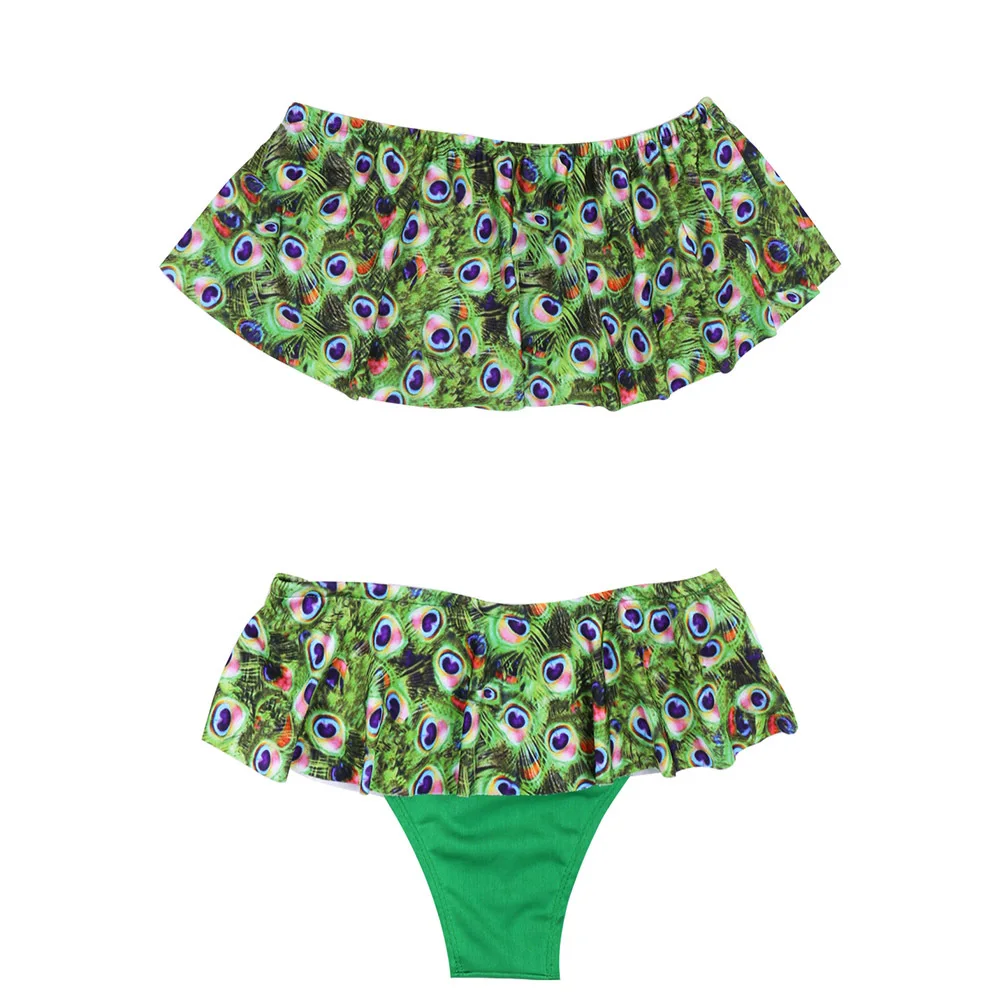

2018 Summer AliExpress Popular European and American Swimming Suit Peacock Feather Printed Ruffles Two-Piece Swimsuits