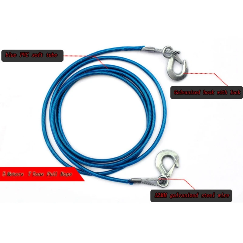 

Heavy Duty Tow Ropes 5M 7 Tons Wire Cable High Strength-Safety Hook Steel Wire Trailer Car Boat Emergency Towing Rope