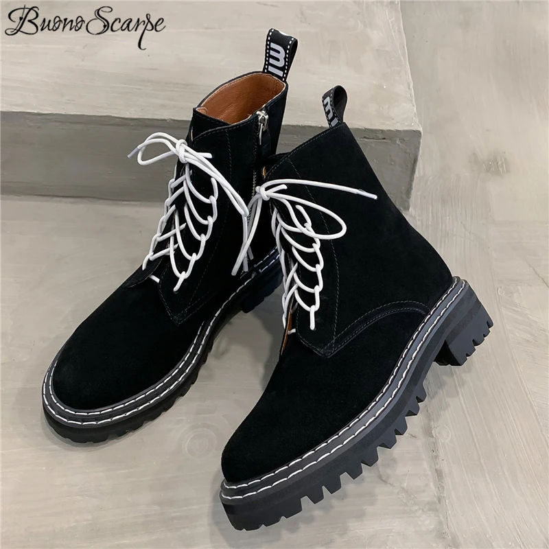 

Buono Scarpe Women Brand Ankle Leather Boots Cross Tied Short Botas Mujer Genuine Leather Boots Fenimina Motorcycle Shoes Female