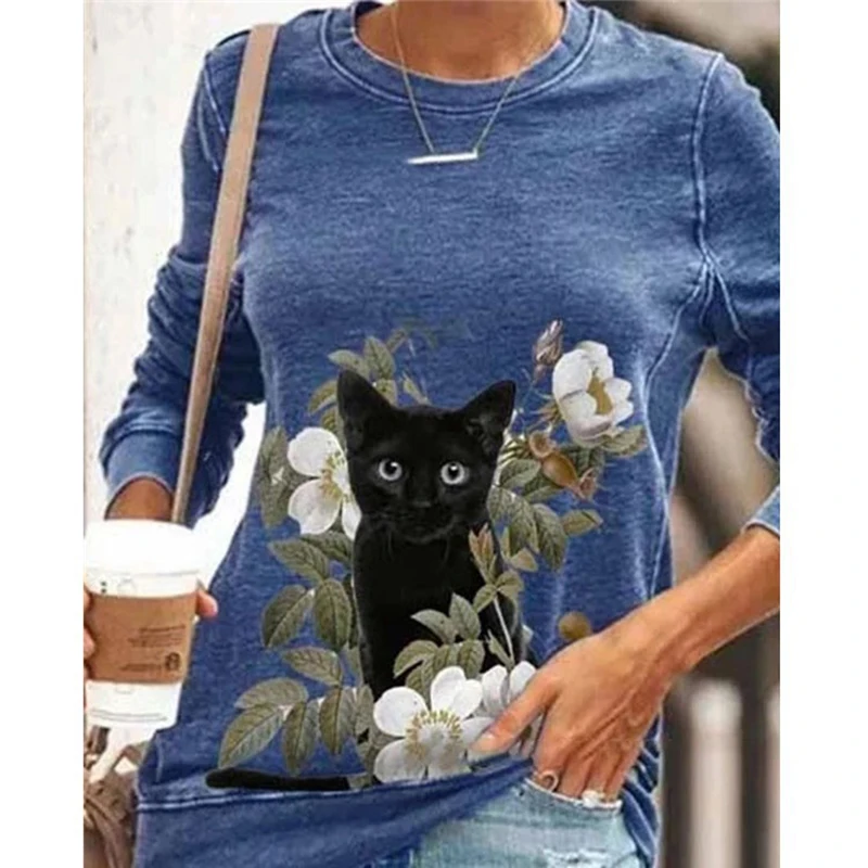 Модная повседневная женская футболка в стиле Харадзюку с принтом кота недорогая