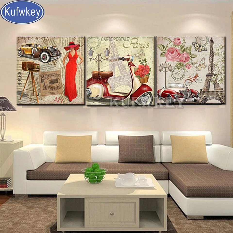 

3 piece diamond painting sale Retro woman car puzzle round drill mosaic diamond Embroidery 3d Cross Stitch Full Square art