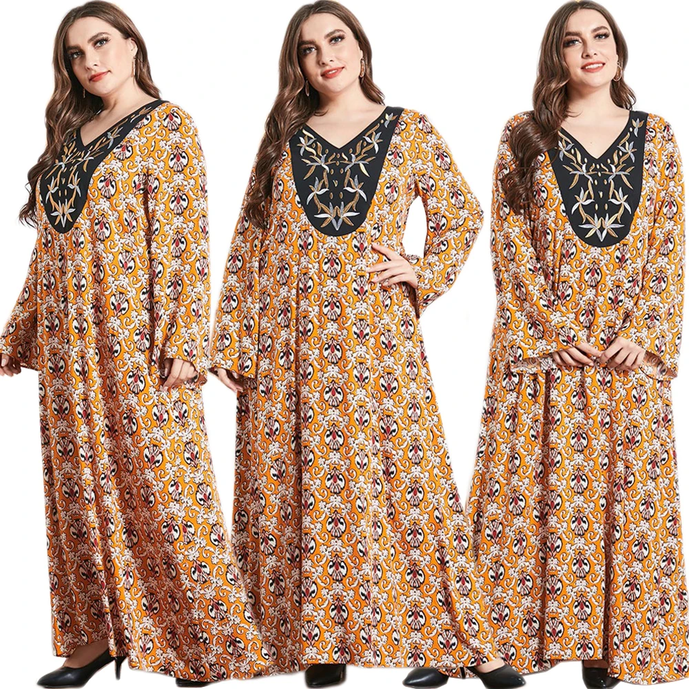 В богемном стиле женские принт длинное платье свободного покроя с v-образным вырезом на весну Абая арабских одежда Кафтан Ближний Восток Ду...