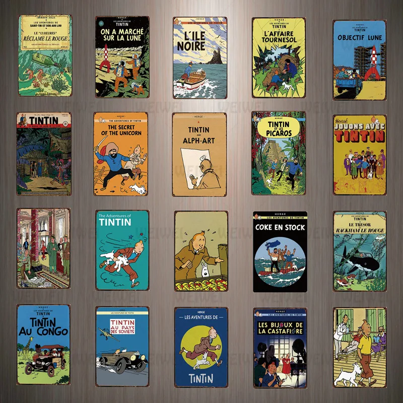 Жестяной ВИНТАЖНЫЙ ПЛАКАТ с изображением кинофильма Tintin Catoon металлическая