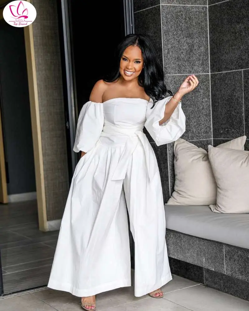 

Women Sexy Off Shoulder Casual Jumpsuits Lantern Sleeve Sashes Wide Leg Overalls Loose Fit Party Solid Jumpsuit