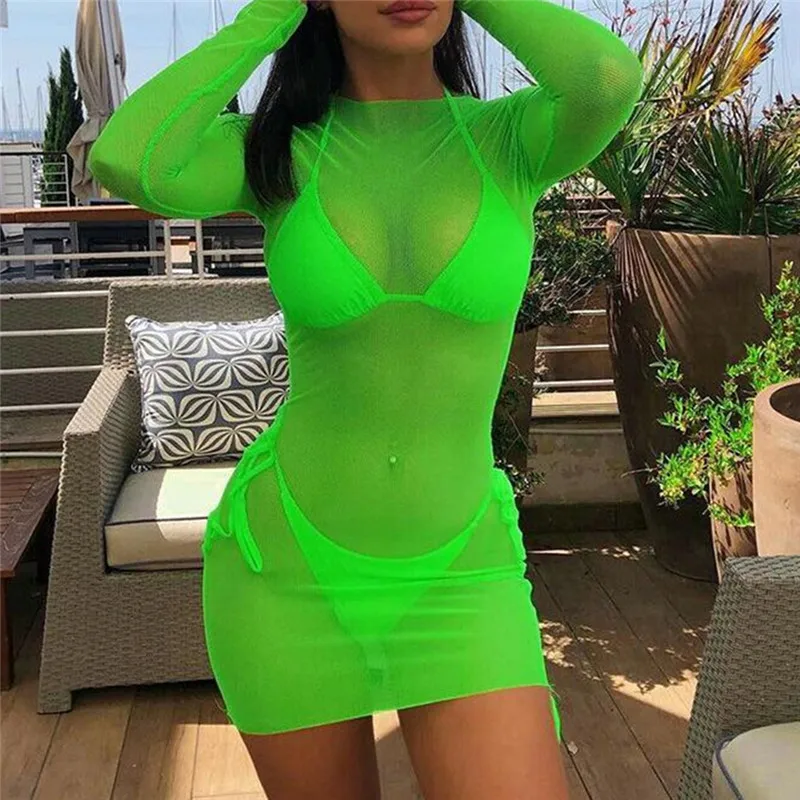 

Summer Women's Sheer Mesh Bikini Cover Up Solid Sexy Perspective Swimwear Cover Up Swimsuit Bathing Suit Transparent Beach Dress
