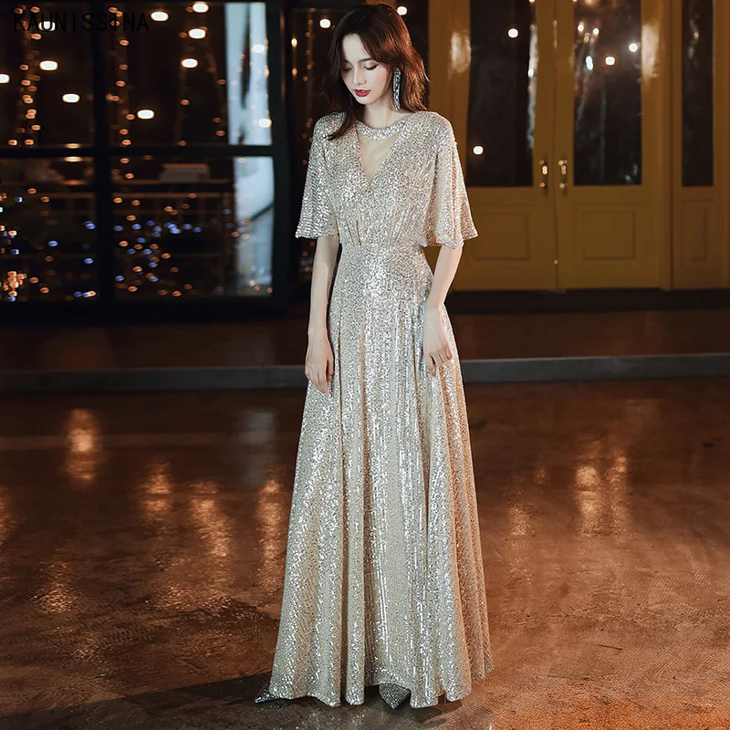 

KAUNISSINA Evening Dress O-Neck Short Sleeve Sparkly Elegant Party Gowns Women A-Line Floor Length Formal Dresses