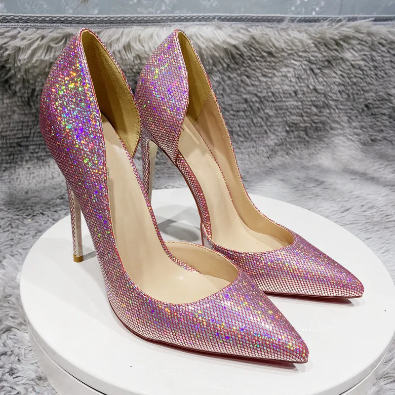 

New French Style Side Space Red Sequins Pointed Stiletto High Heels Fashionable Sexy Shallow Mouth Banquet Single Shoes Women
