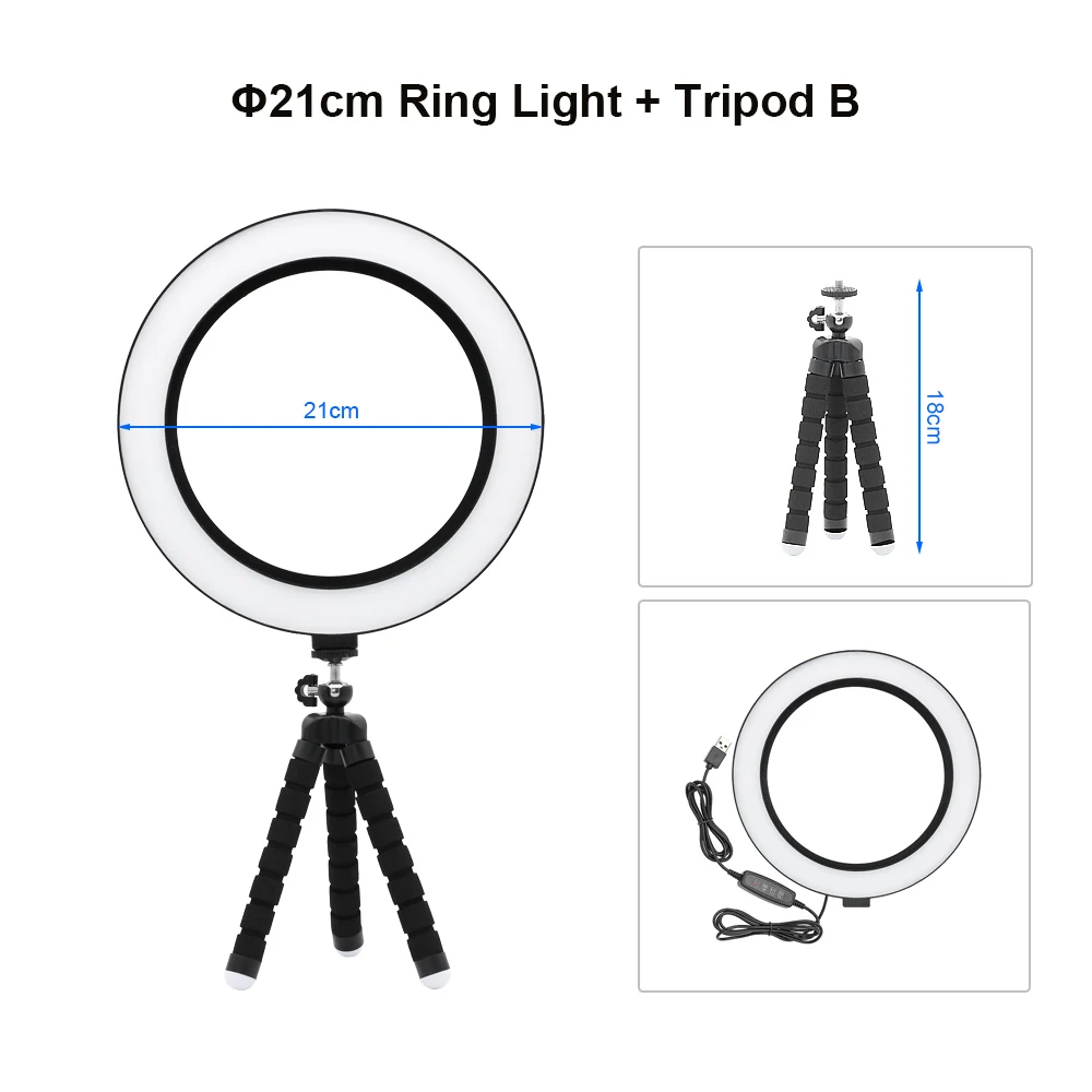 21cm ring light Новая фотография Диммируемый светодиодный Selfie кольцо свет макияж фото студийная лампа для видео VK Live Show с USB вилкой Настольный штатив Стенд - Цвет: 21cm ring light